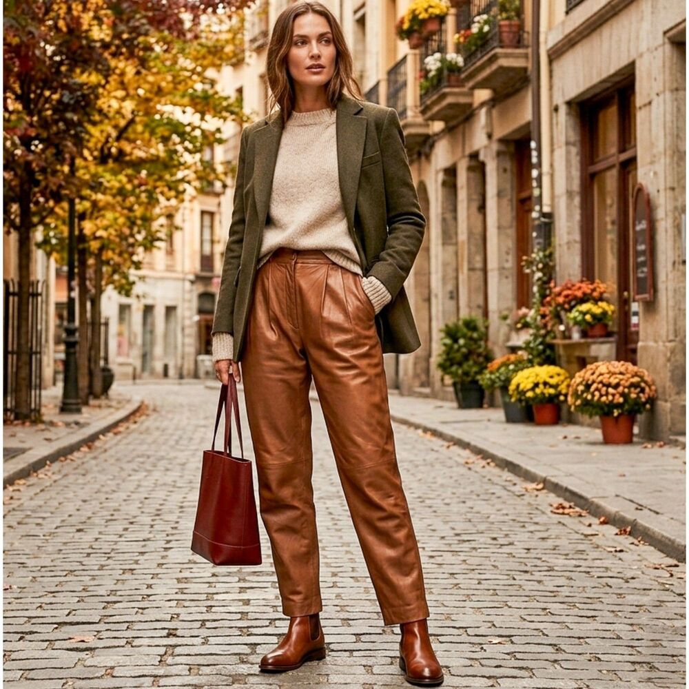 Vintage Toffs Brown Pleated Hi-Waist Fully Lined Leather Pants Mob Wife Size 10